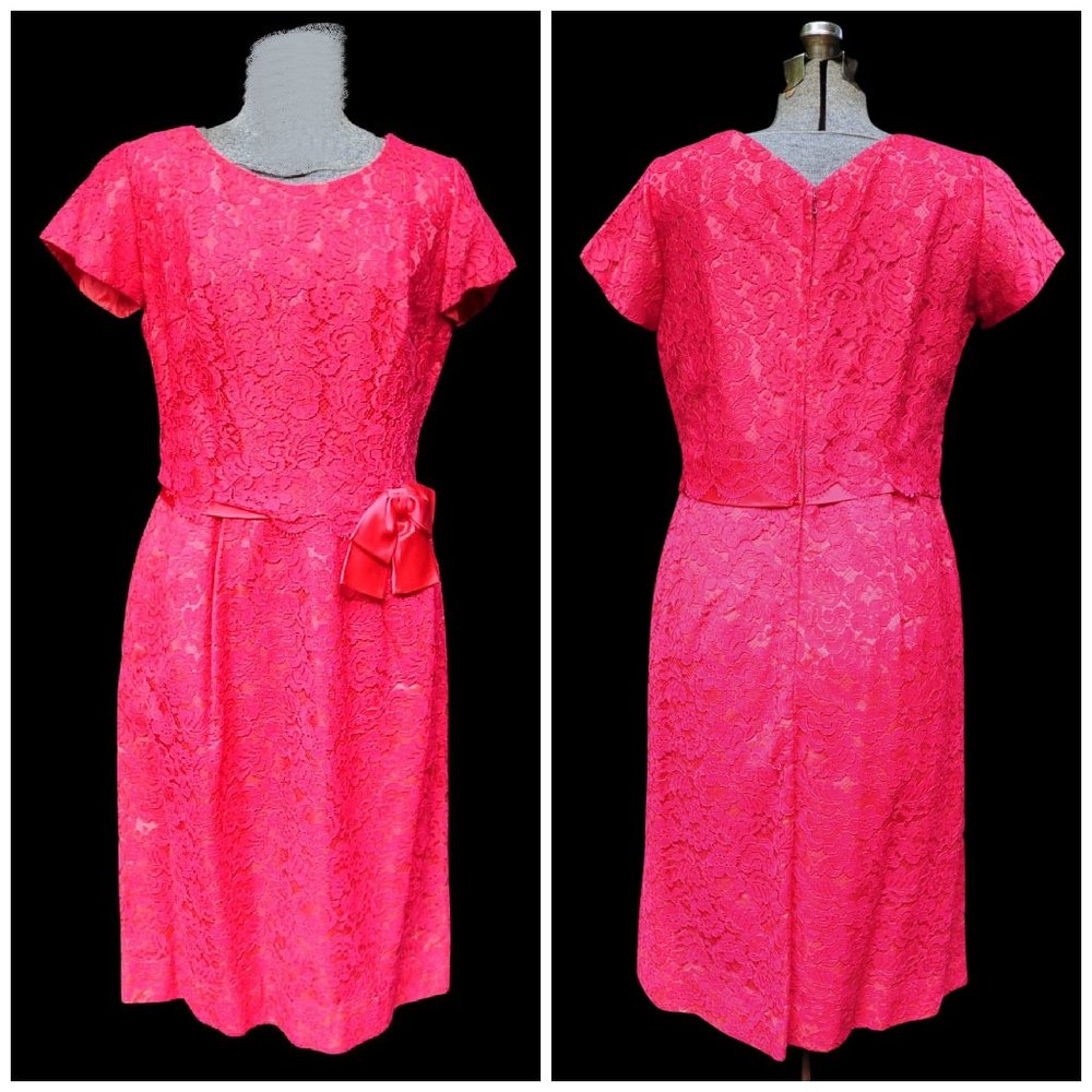 VTG 60's Magenta Pink Lace & Satin Party Prom Sheath Dress M/L Mother of Bride